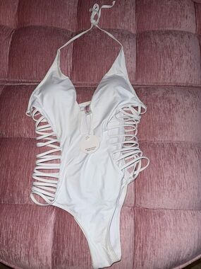 White Strappy One-Piece Swimsuit with Side Ladder Detail